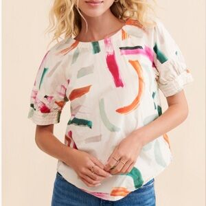 Anthropologie Aimee Clarke XS cotton blouse paint brush design buttons cottage